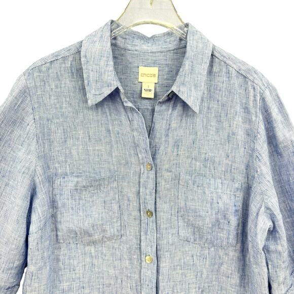 Chico’s Sz 1 Heather Blue Linen Long Line Button Front Side Slit Tunic Shirt - Picture 8 of 16